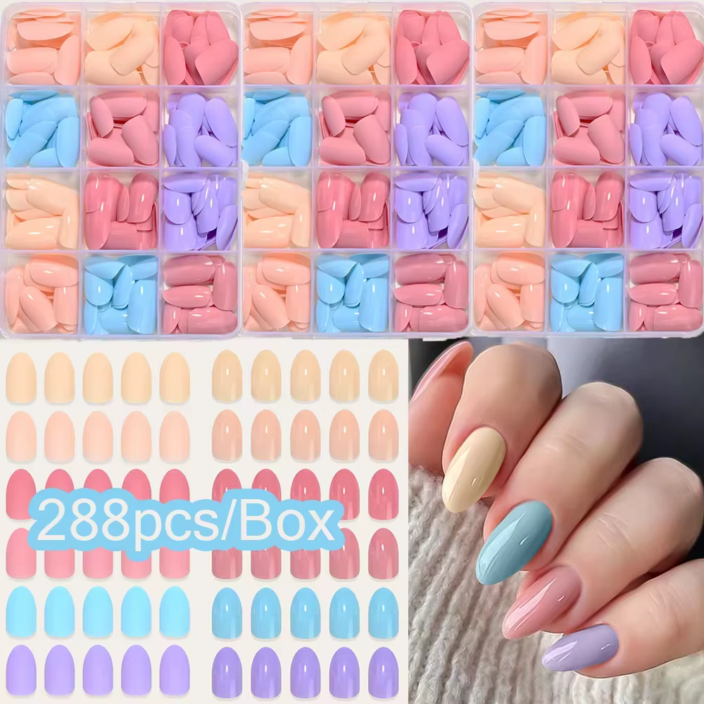 288 pièces de faux ongles courts, ronds et carrés, à couverture complète, brillants, multicolores, à