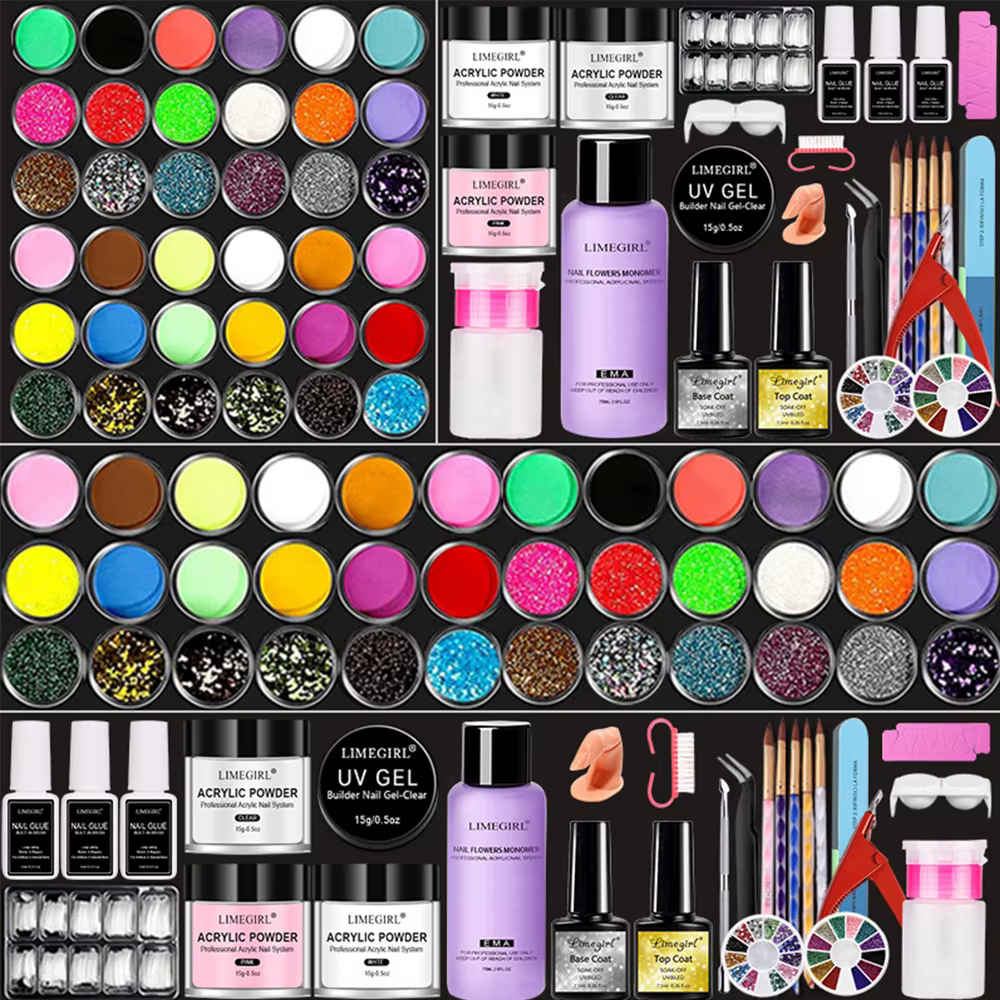 Poudre acrylique pour ongles et monomère liquide, kit de manucure, paillettes en cristal, pointes d'