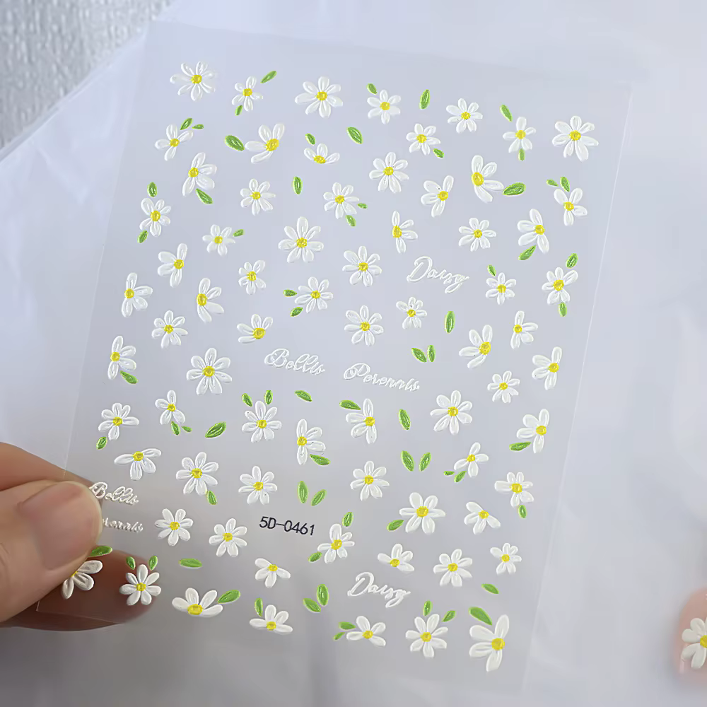 2 pièces 5D blanc marguerite Design Nail Art autocollants en relief marguerite fleur feuille verte N