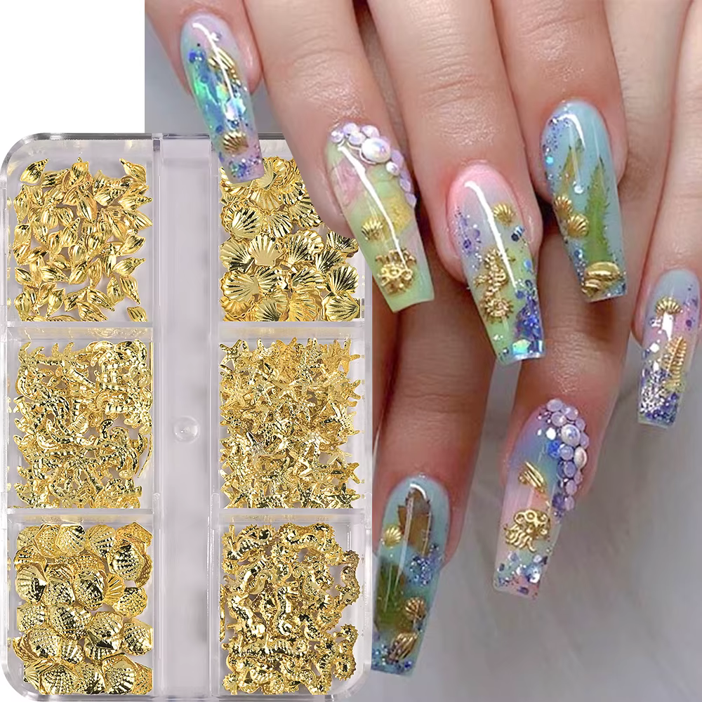 Breloques en métal pour Nail Art, 6 grilles, océan d'été, coquille 3D, étoile de mer, hippocampe, pe