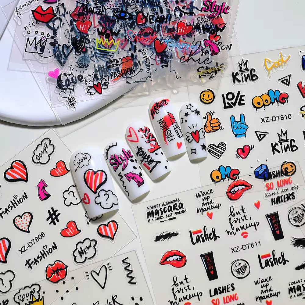 30 pièces/ensemble 3D dessin animé chat Nail Art autocollants noir Graffiti Animal arc étoile coeur 
