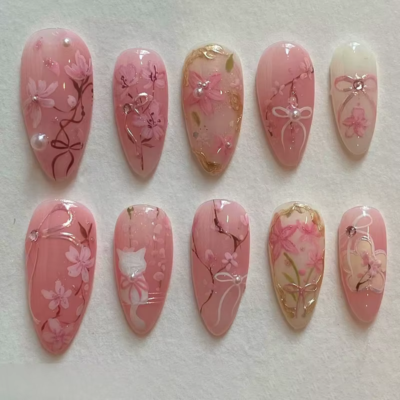 24 faux ongles en amande rose dégradé à presser avec perles et strass, motif nœud floral, couverture