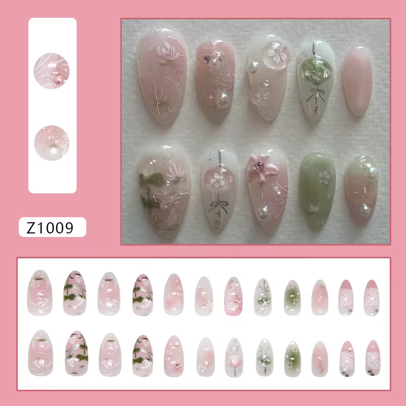 24 pièces douce amande faux ongles conseils peint à la main fleur perle motif Blush rose presse sur