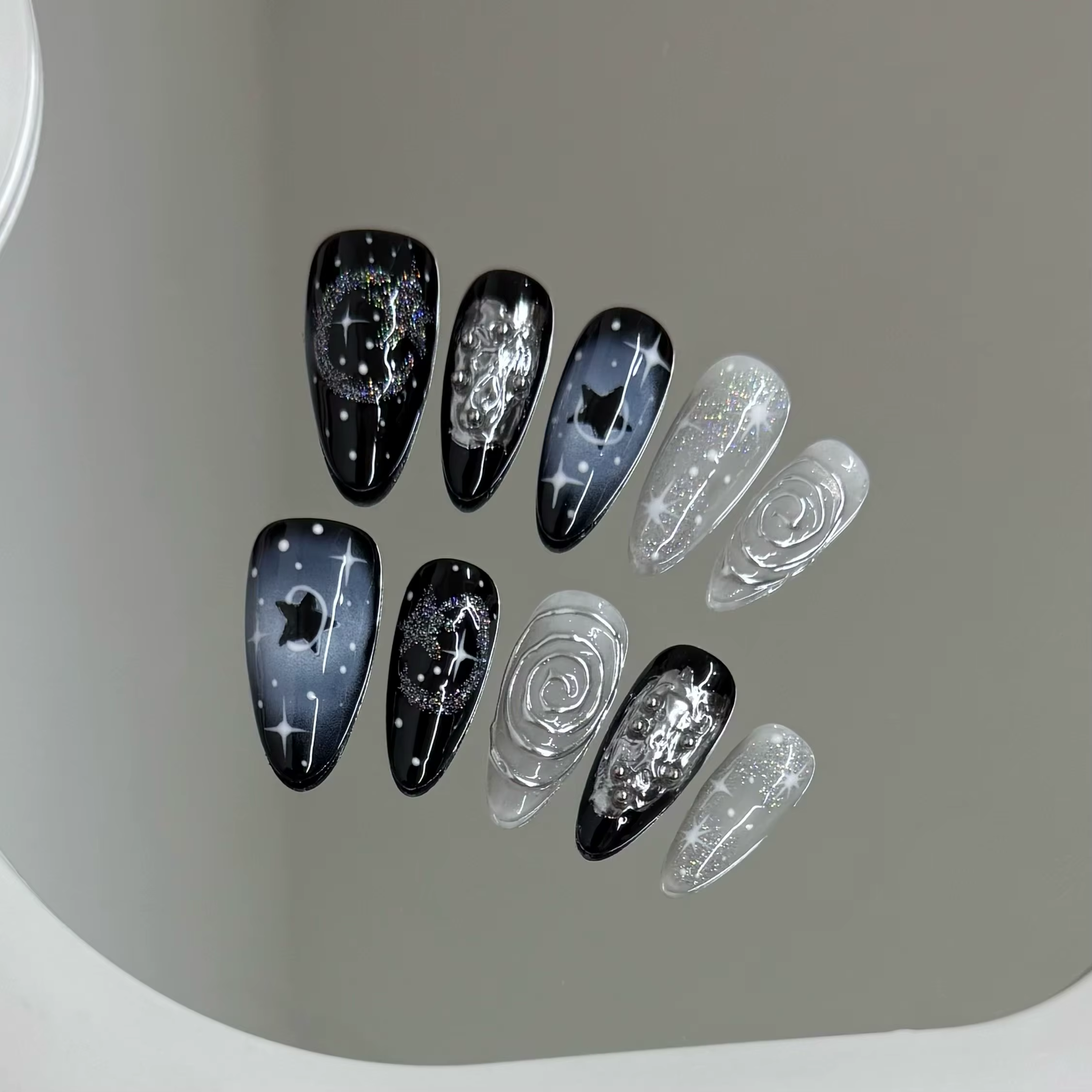Faux ongles à pression faits à la main Y2k, ciel étoilé, amande, détachables, portables, doux et fra