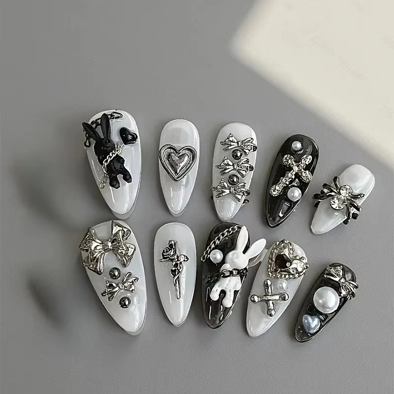 Nail art personnalisé noir et blanc, décoration de lapin et d'arc, style minimaliste gothique, adapt