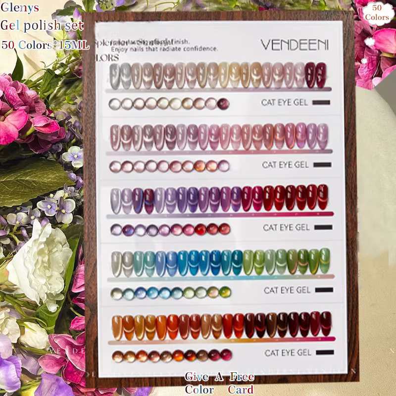 Gel UV/LED pour ongles effet œil de chat 50 couleurs Glenys – Kit professionnel pour salon de manucu