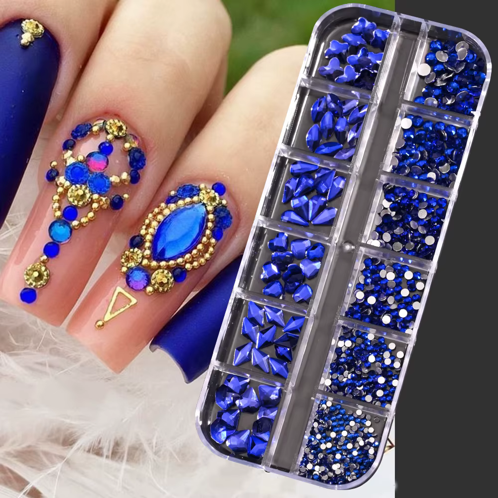 Strass pour Nail Art, 12 grilles, vert, bleu, tailles mixtes, cristal, dos plat, breloques pour ongl