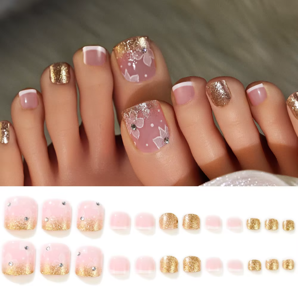 24 pièces diamant faux ongles court carré Aurora couverture complète portable strass faux orteil pou
