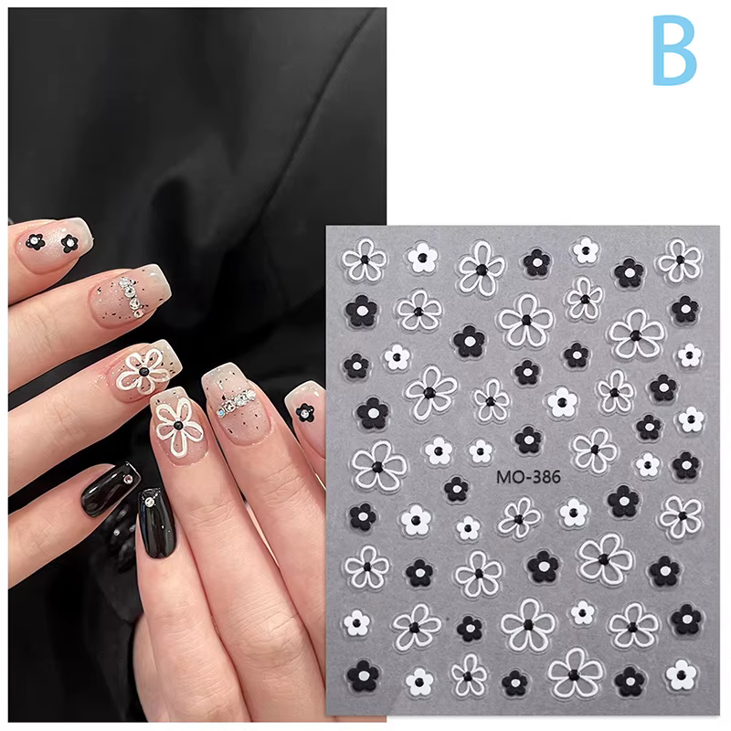 Autocollants pour ongles 3D en fleurs, pétales de fleurs blanches et noires, Design élégant de print