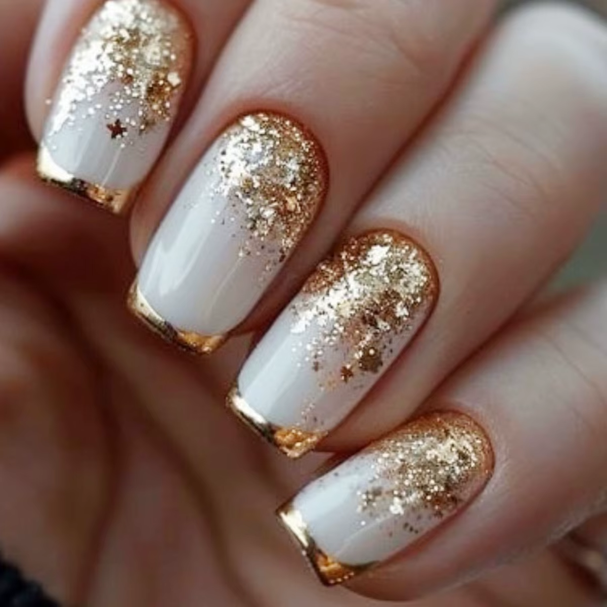 Ensemble de faux ongles carrés moyens, surface blanche brillante/brillantes, avec bord français doré