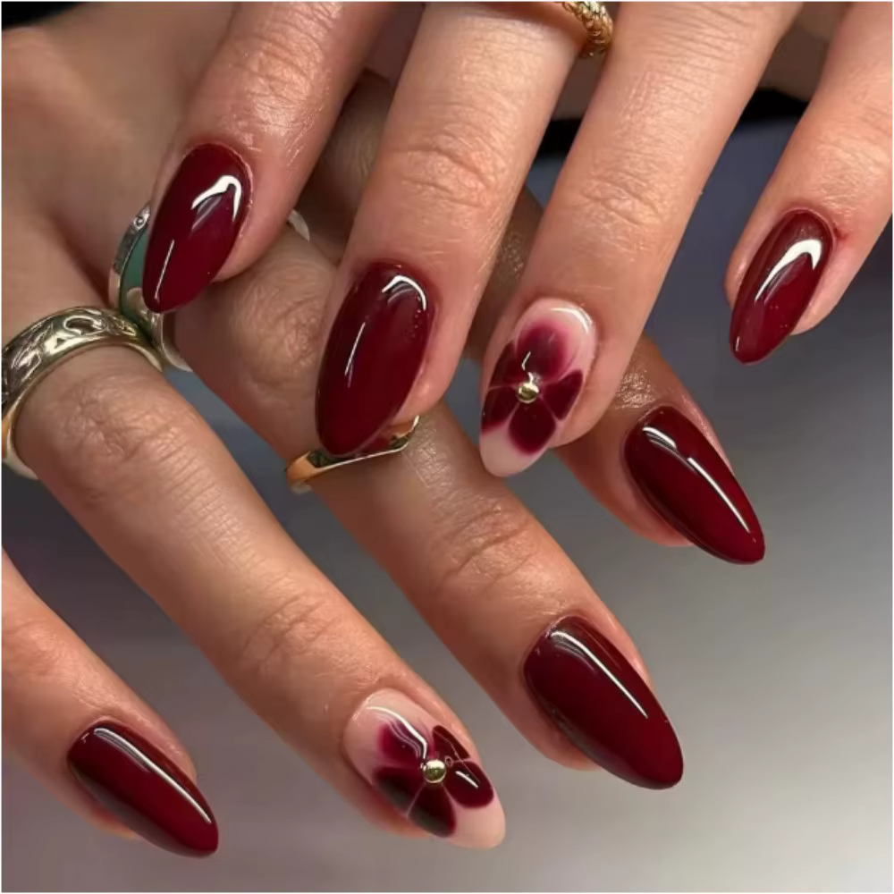 Ensemble de 24 faux ongles pour femmes, couleur bordeaux, forme amande, longueur moyenne, couleur un