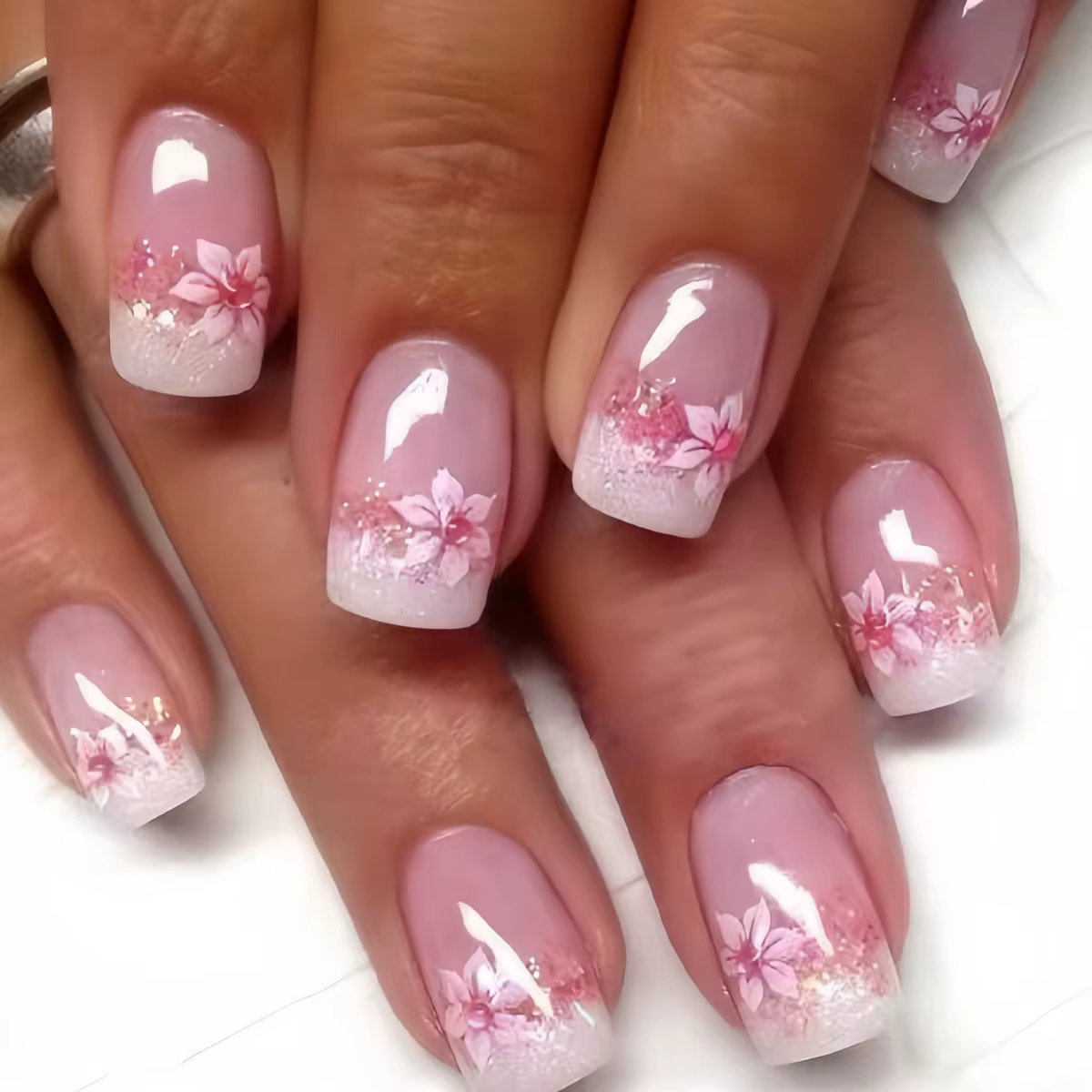 Faux ongles cercueil mi-longs, 24 pièces, pointe française blanche, ballerine à pression, imprimé fl
