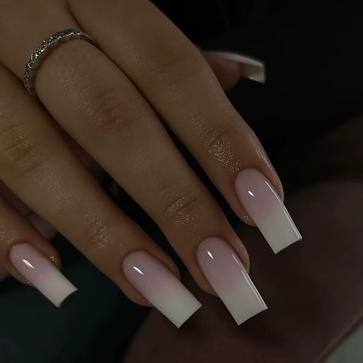 24 faux ongles carrés longs rose ombré à presser, en acrylique brillant, avec design dégradé pour na
