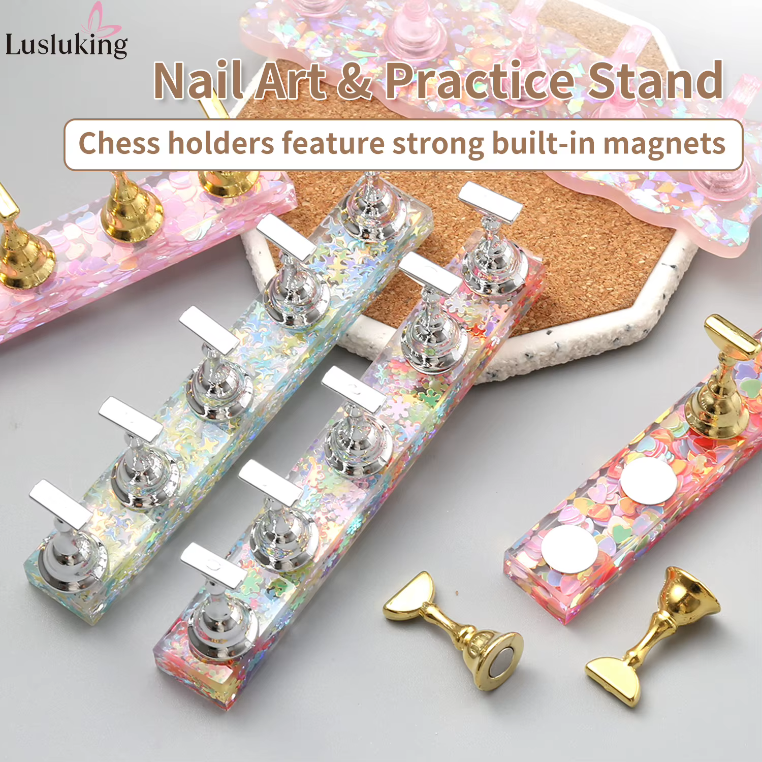 Support magnétique pour ongles en acrylique, motif cœur rose irisé, pour présentation et entraînemen