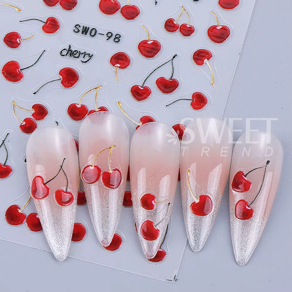 Autocollants pour ongles cerise rouge, 2 pièces, dessin animé fruits cerises tropicaux, Design d'été