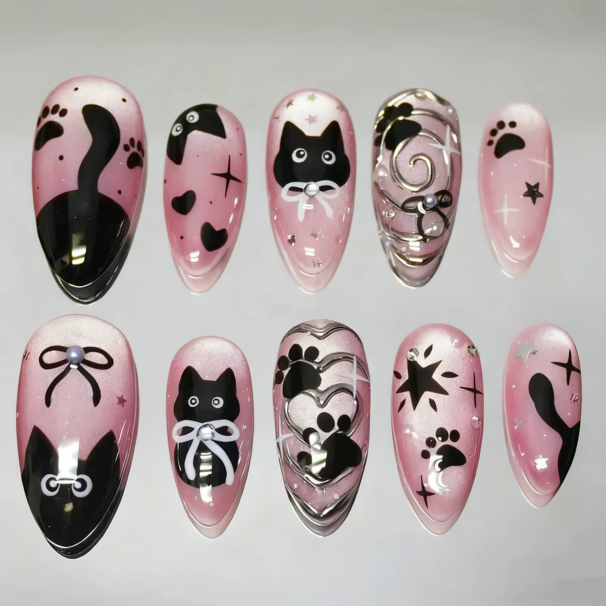 24 pièces doux Cool rose oeil de chat presse sur ongles chat noir imprimé amande faux ongles pour fe