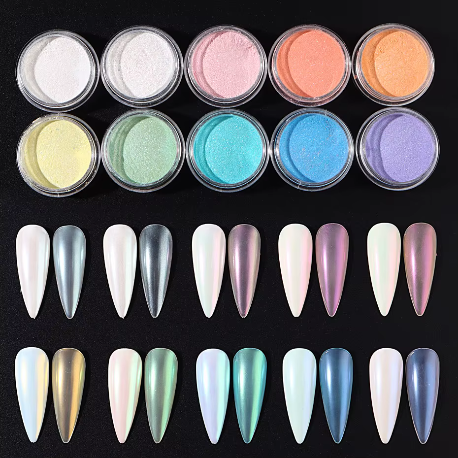 Ensemble de 10 pièces de poudre à tremper sirène pour ongles, effet aurore, Pigment irisé, vernis Ge