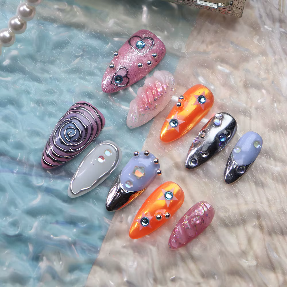10 pièces presse à la main sur les ongles 3D coloré été mer étoile de mer conçoit faux ongles patchs