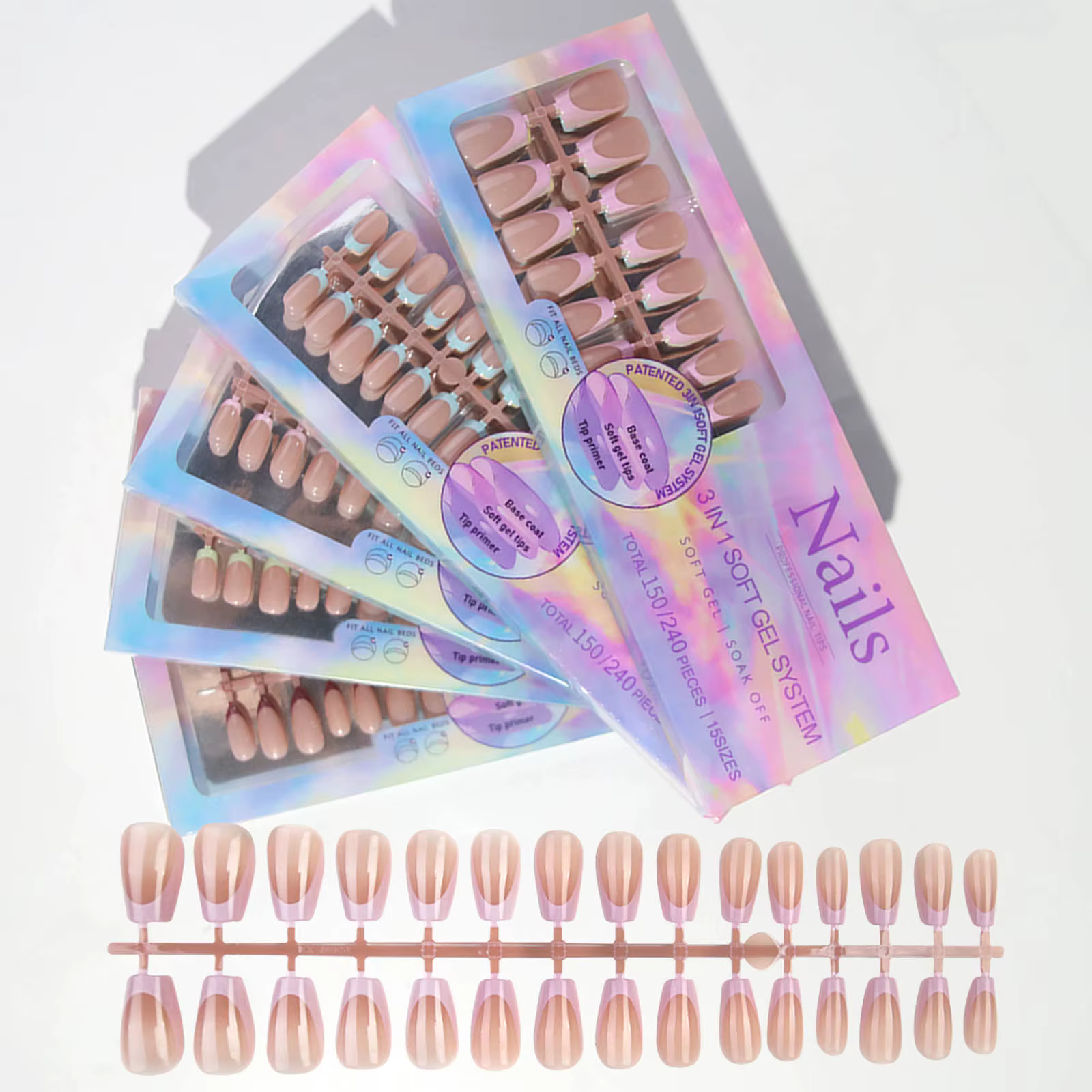 150 pièces 6 couleurs faux ongles multi-tailles faux ongles presse sur ongles acryliques amande fran
