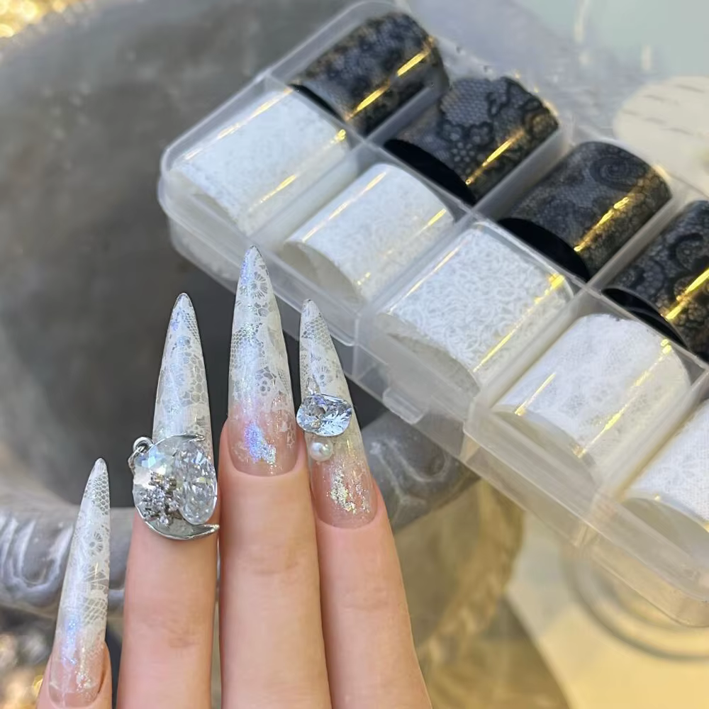 Autocollants de transfert d'ongles en dentelle noir et blanc, 10 rouleaux/boîte, enveloppes complète