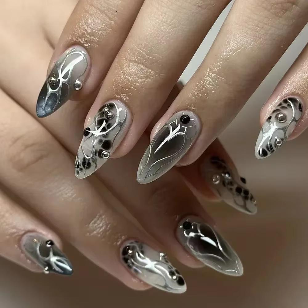 24 pièces Y2k amande acrylique ongles couverture complète 3D diamant noir Nail Art doux Cool françai