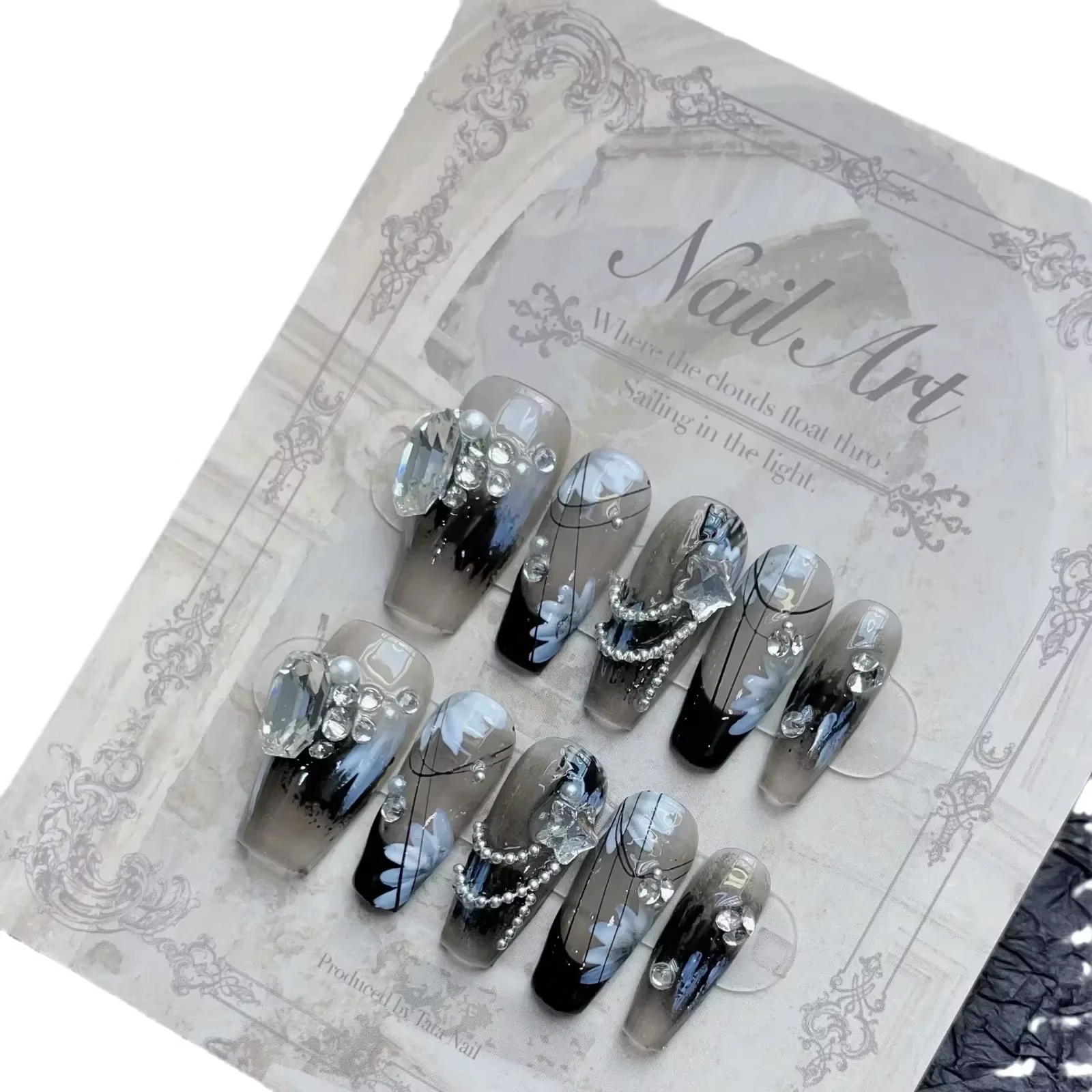 10 pièces noir fait à la main presse sur ongles fleur Ballet portable strass faux ongles décoration