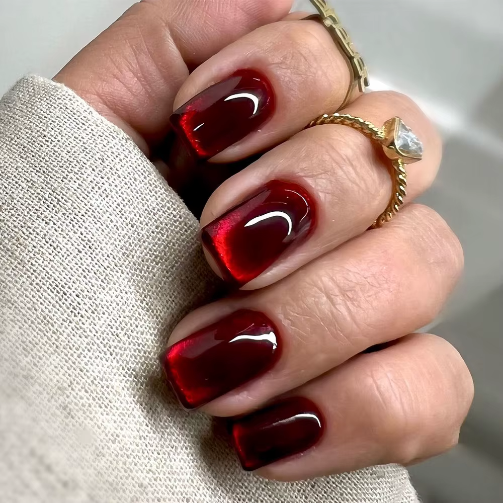 24 pièces cristal oeil de chat faux ongles avec colle court carré presse sur ongles brillant rouge b