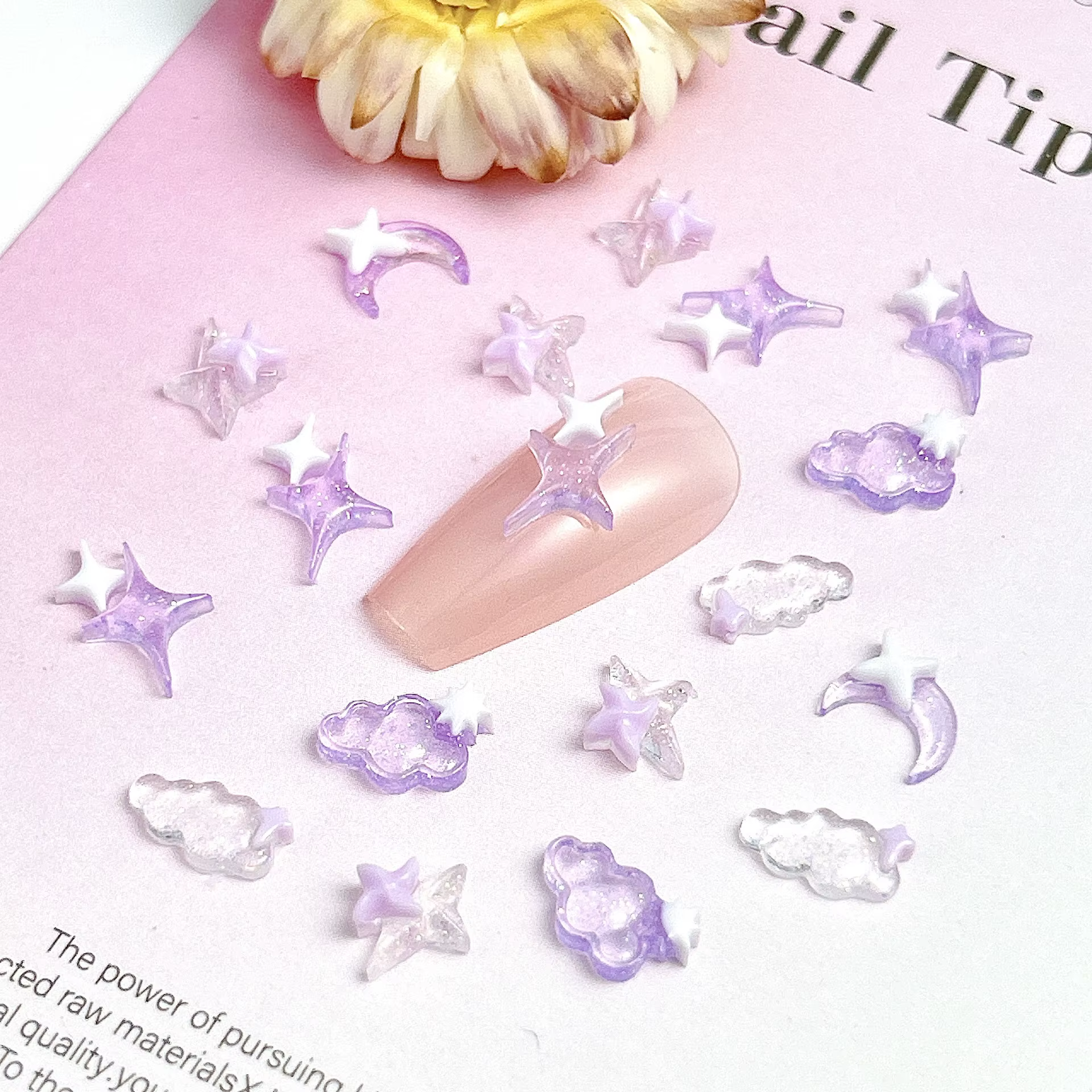 Breloques en résine transparente pour Nail Art, lune, nuage, blanc, violet, étoile à quatre branches