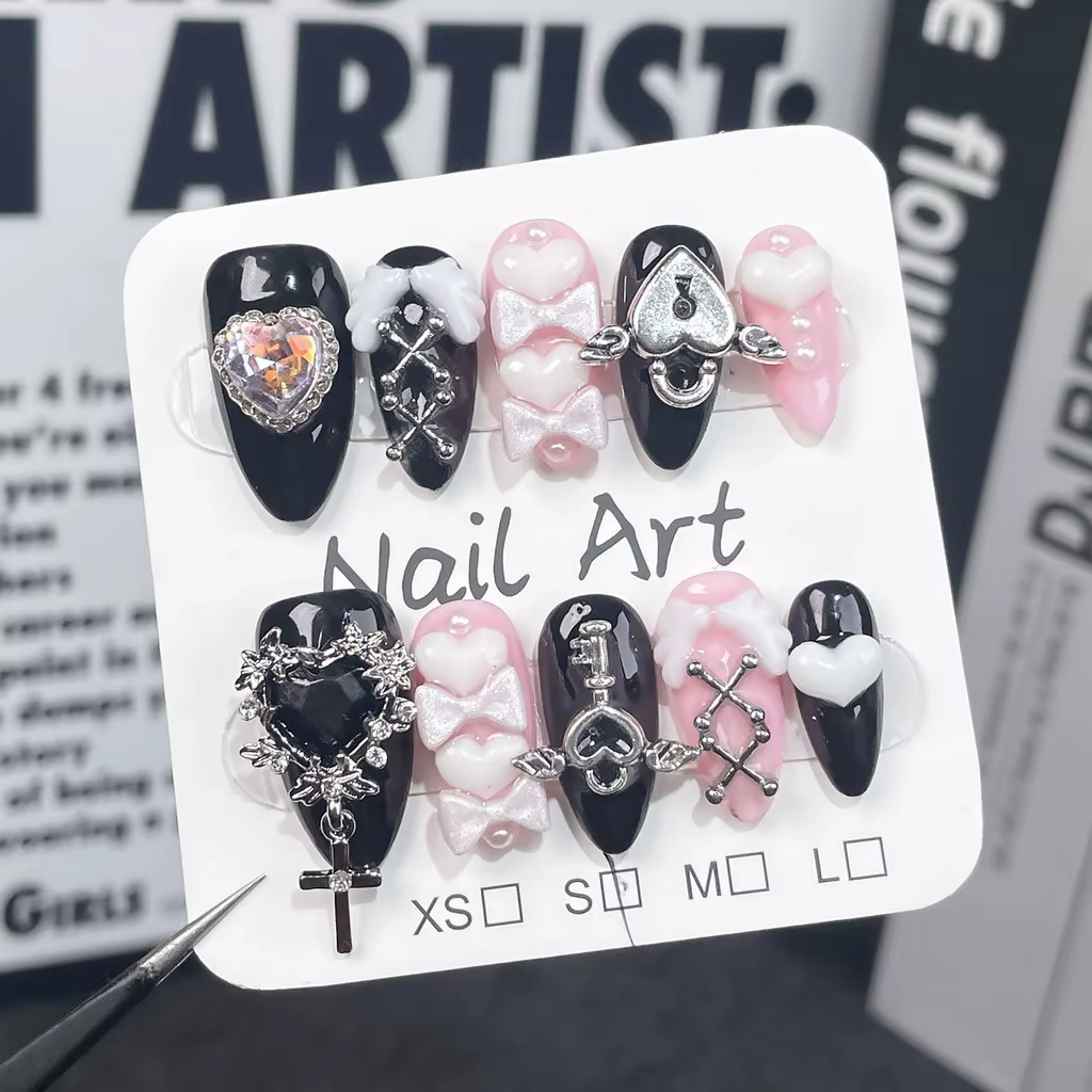 Y2k Spice Girl Fait À La Main Portable Ongles Noir Rose Doux Cool Nail Art Arc Amour Diamant Amande 