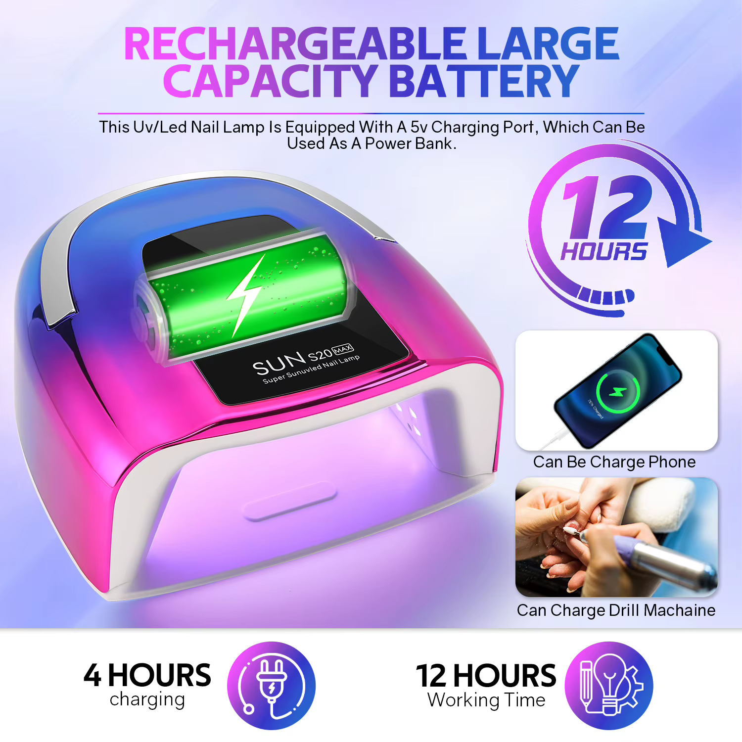 Lampe à ongles LED UV rechargeable 200W, sèche-ongles sans fil avec 3 réglages de minuterie et capte