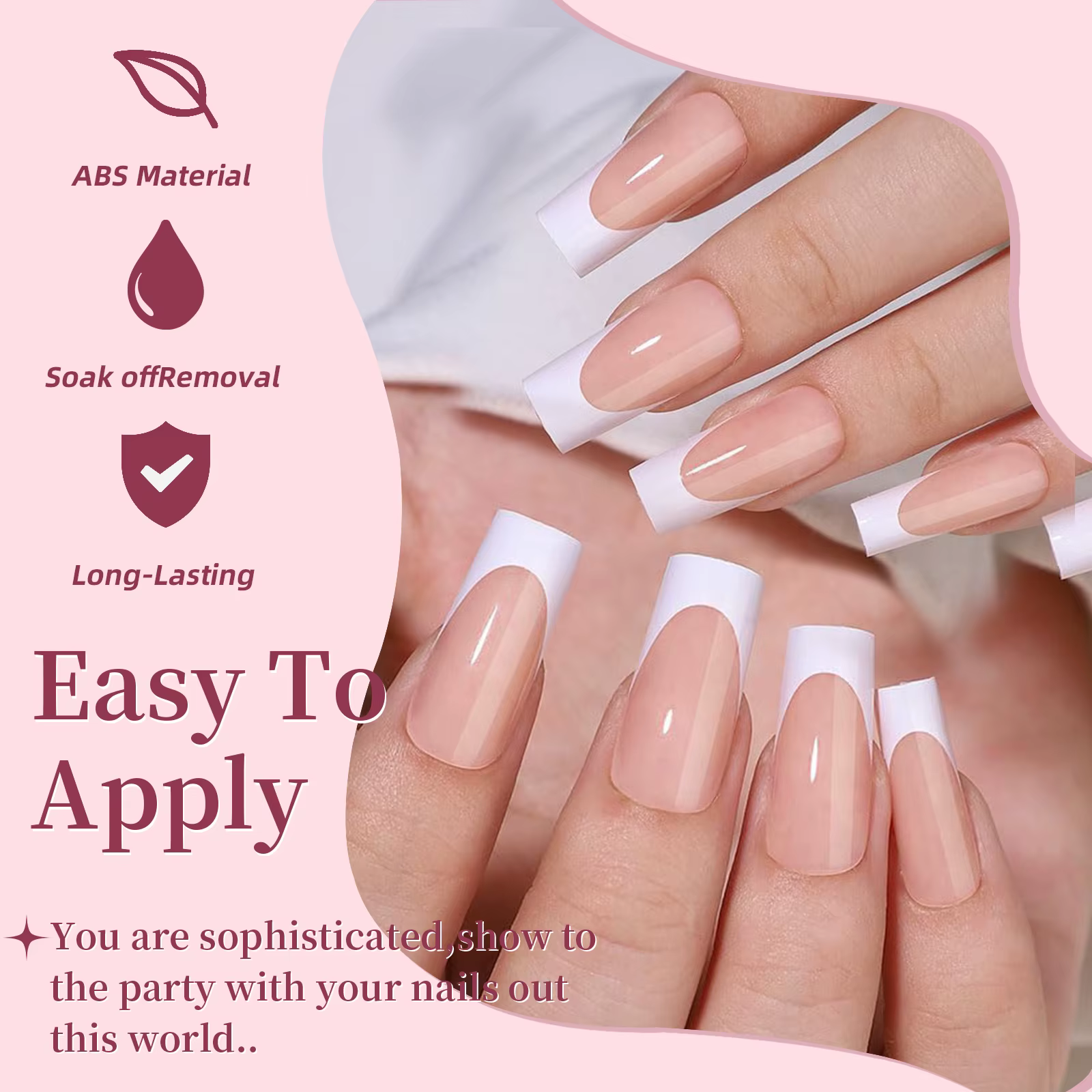 Faux ongles français en acrylique, armure carrée moyenne, couverture complète, pointes pouvant être