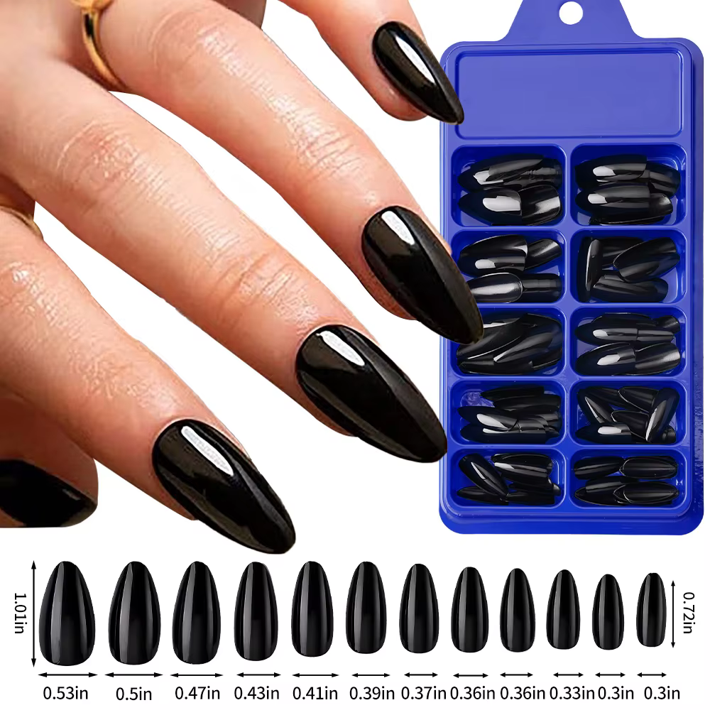 100 faux ongles en amande à presser, longueur moyenne, noirs mats, pour extension d'ongles artificie
