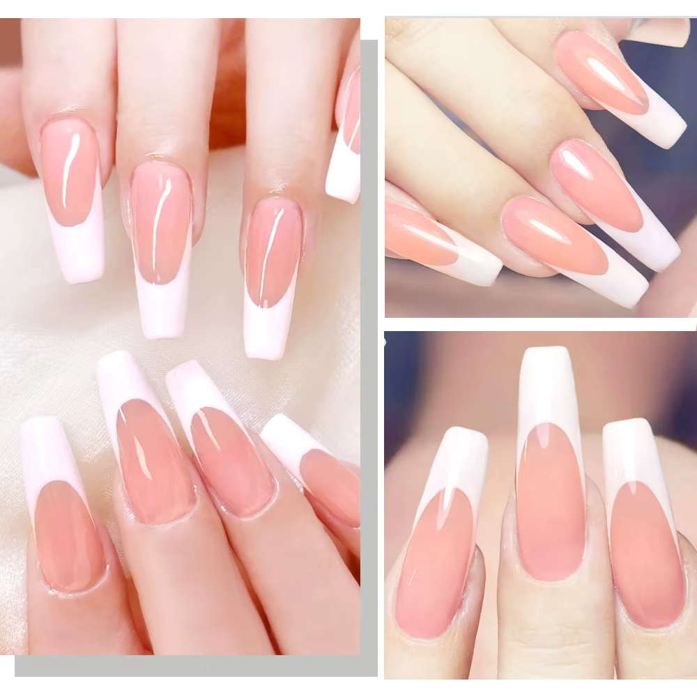 120 pièces brillant rose français presse sur ongles 12 tailles longs carrés faux ongles blanc bord c