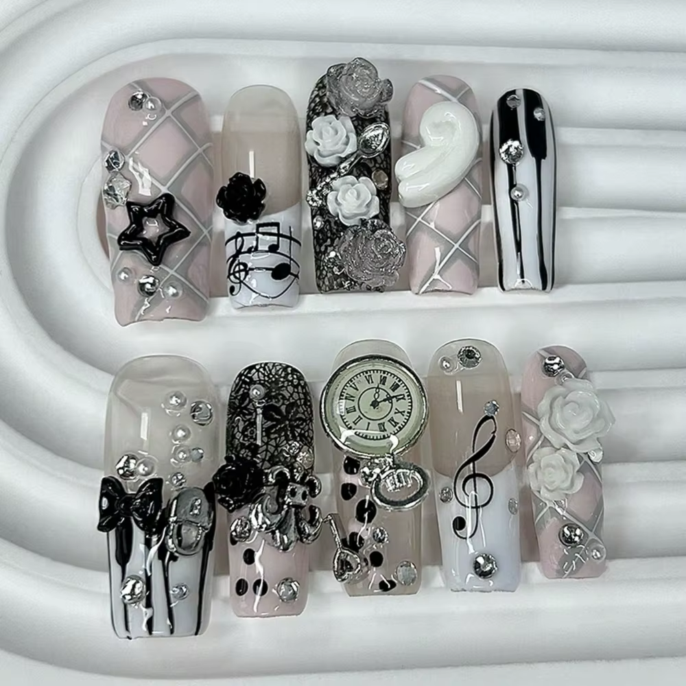 Notes musicales rétro Vintage mignon rose français à la main presse sur les ongles 3D Rose arc perle