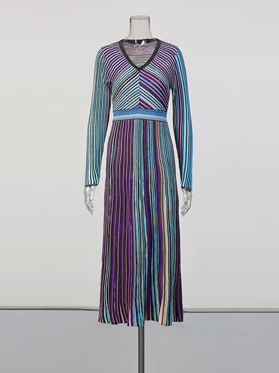 CHICEVER bleu épissé rayé robe Vintage femme col en V à manches longues en vrac haut de gamme femmes