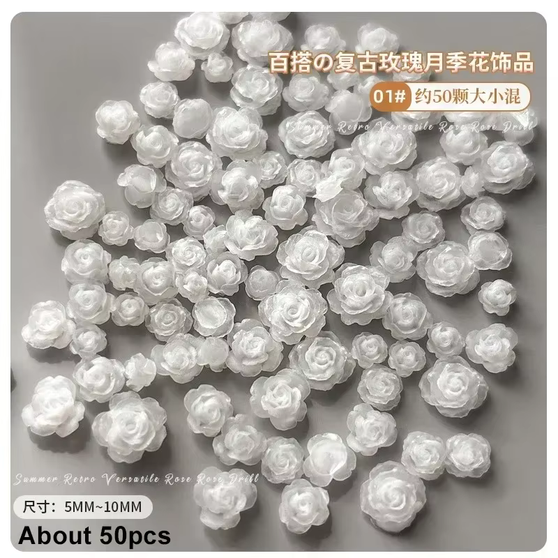 Fleurs de rose vintage 3D pour manucure, 50 pièces, accessoires pour nail art, bijoux de décoration 