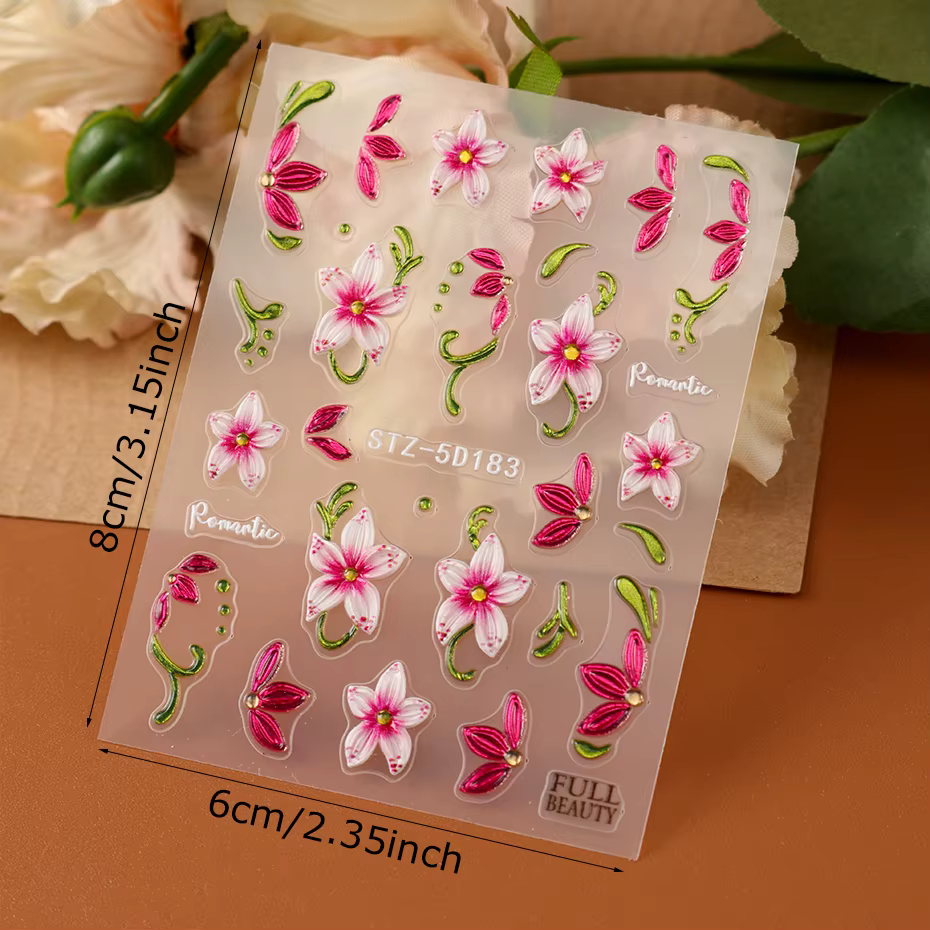 Autocollants pour ongles motif fleur de lys rose - Motifs fleurs roses et feuilles vertes, décalcoma