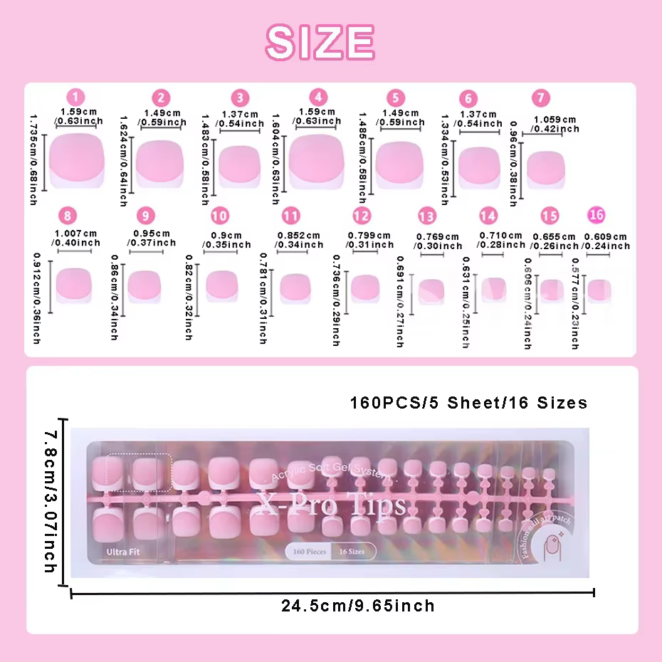 160 pièces faux ongles des orteils rose français court carré couverture complète naturel artificiel