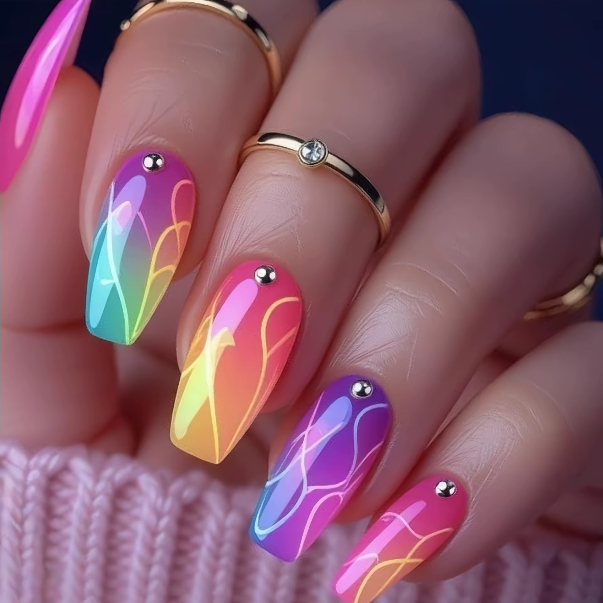 Faux ongles mi-longs avec motif de fleur en forme de cœur 3D, dégradé violet rouge, pointes de Balle