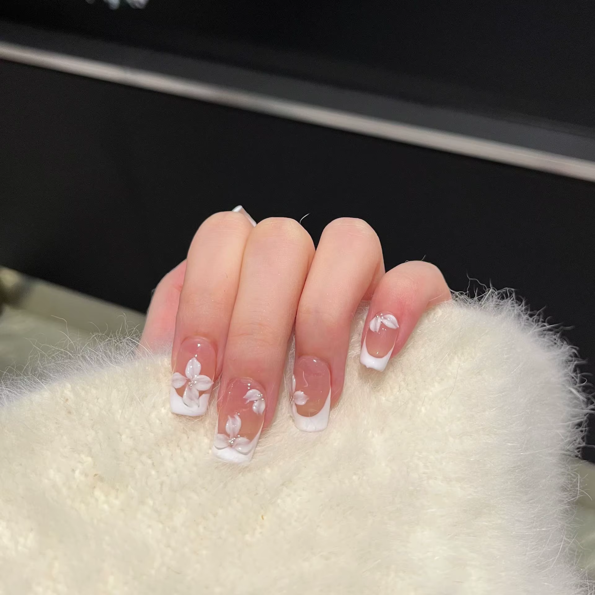 10 pièces blanc français fait à la main presse sur ongles motif de fleur faux ongles portable ongles