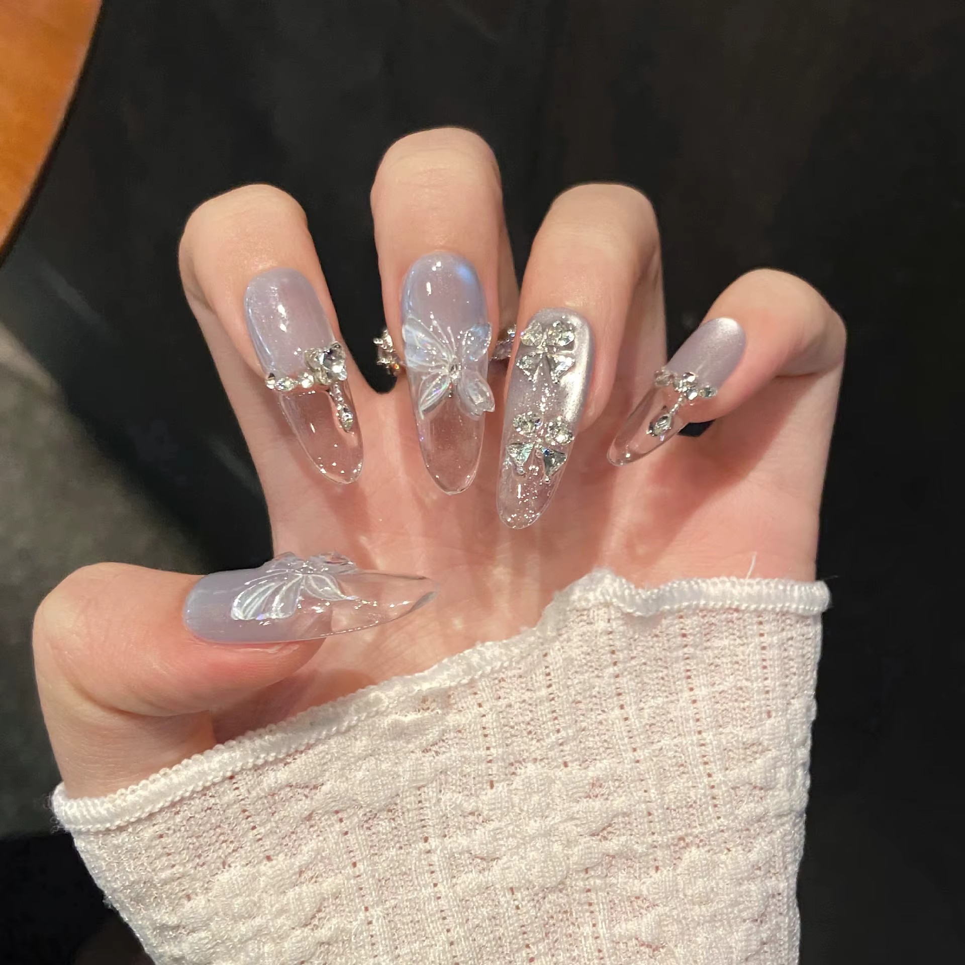 10 pièces à la main bleu glace dégradé presse sur ongles avec papillon conception faux ongles portab