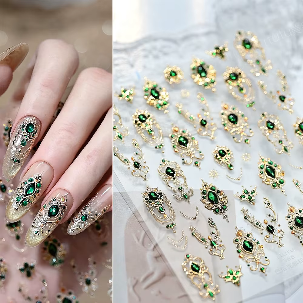 Autocollants pour ongles en pierres précieuses émeraude en relief 5D, cadre doré de luxe, fleur Baro