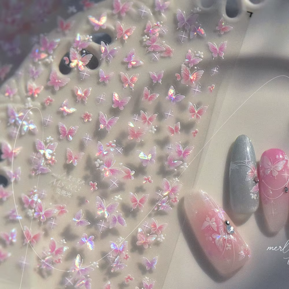 Autocollants adhésifs doux 5D pour Nail Art, dégradé blanc rose, fleur papillon, étoiles brillantes,