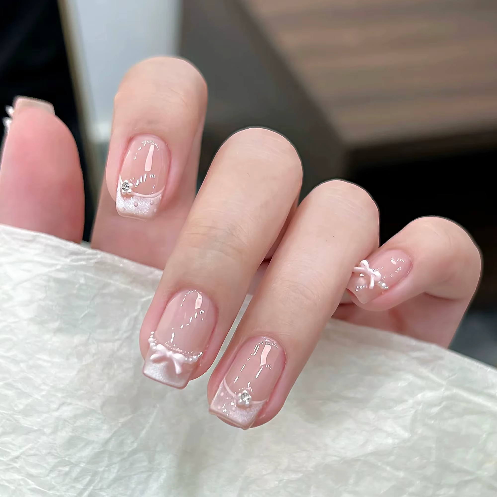 10 pièces haut de gamme style princesse français pur et sensuel, faux ongles faits à la main avec nœ