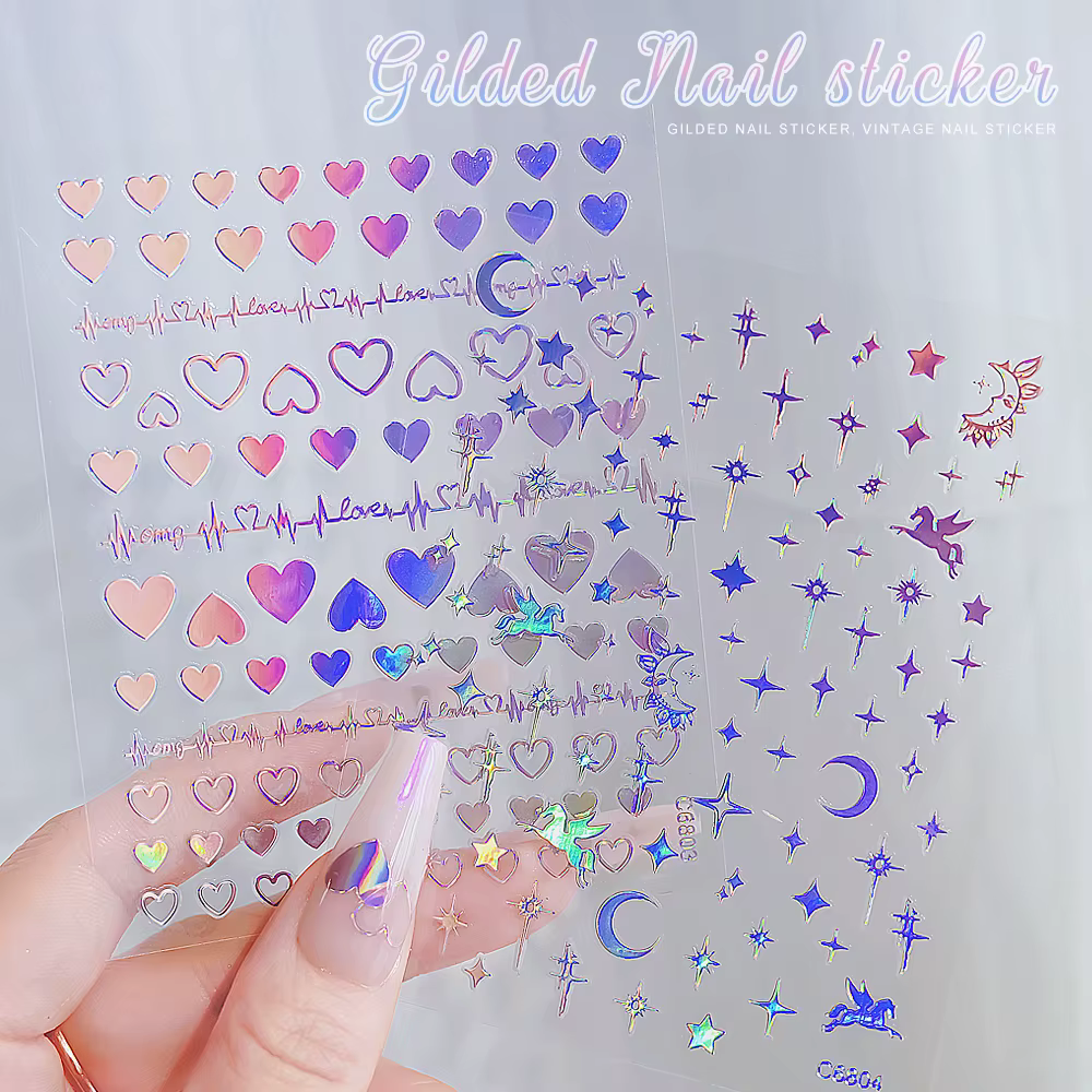 4/6 feuilles/Kit holographique arc-en-ciel amour coeur autocollant pour ongles 3D Laser coeur autoco