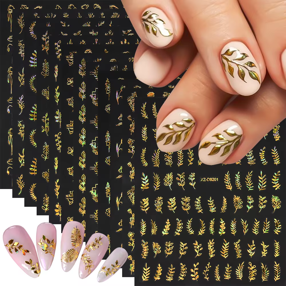 12 pièces/ensemble 3D feuille brillante fleur Nail Art autocollant Laer or bronzant feuilles ongles 