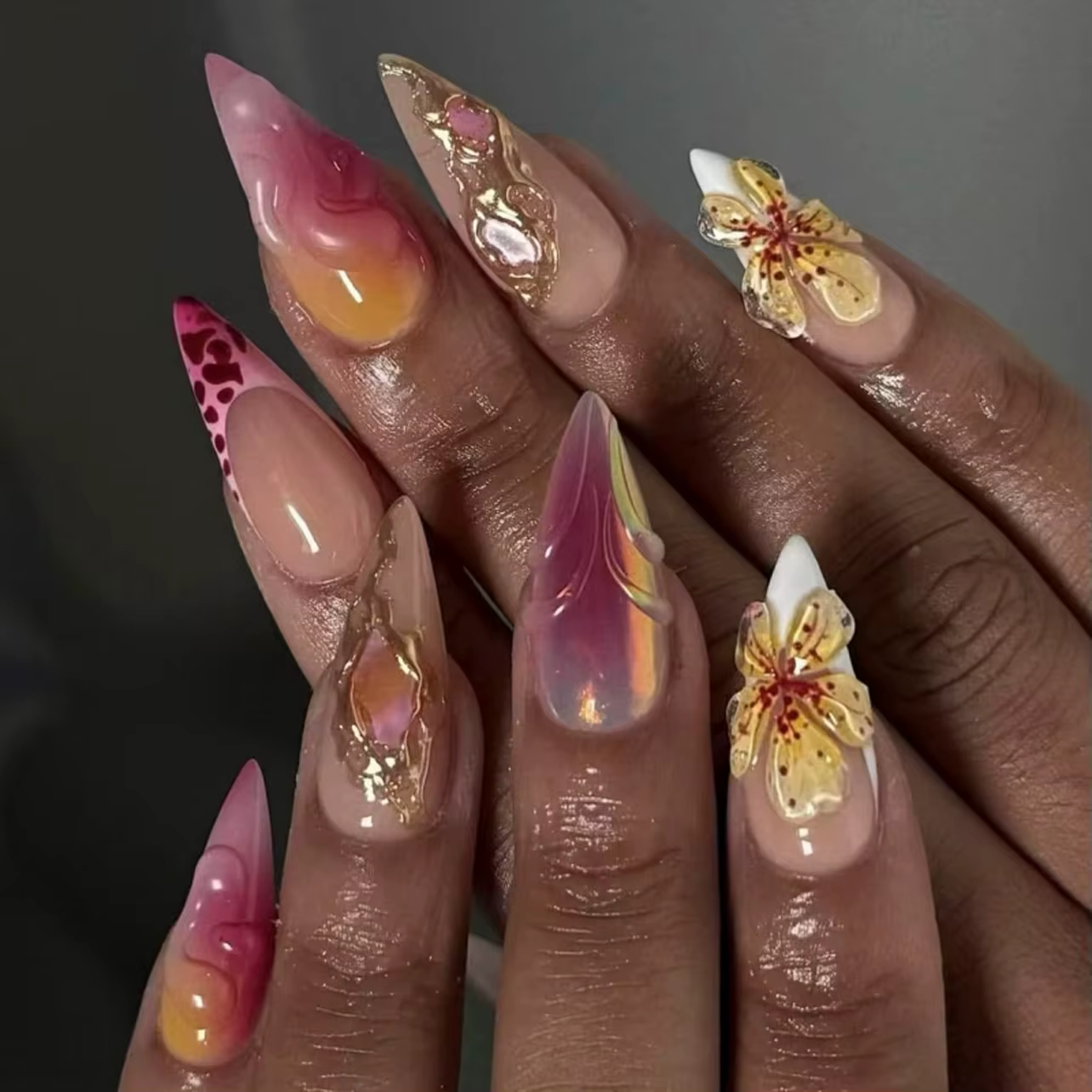 24 pièces français amande presse sur ongles motif de fleur faux ongles portable à coller faux ongles