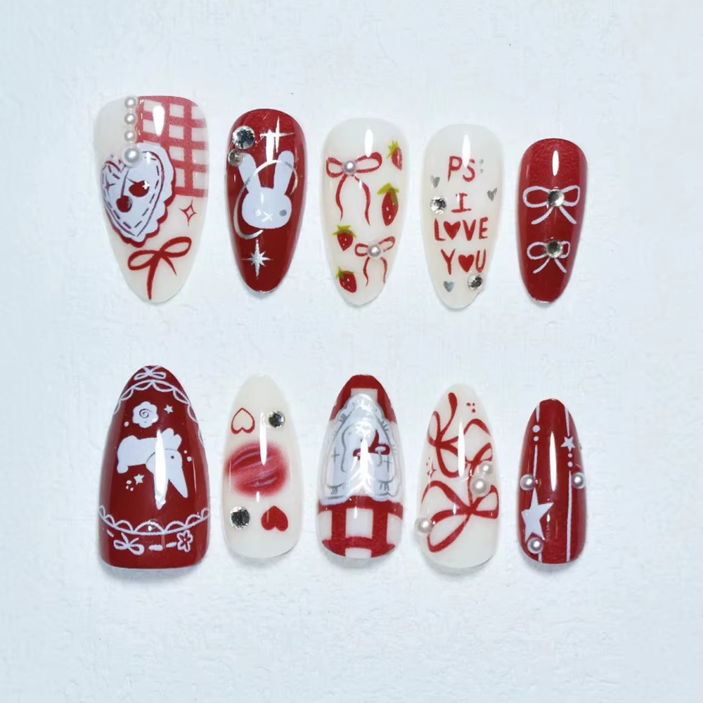 30 pièces papillon dessin animé lapin presse sur ongles moyen amande faux vin rouge amande strass pe