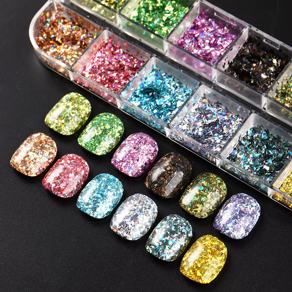 12 grilles holographiques paillettes Nail Art paillettes scintillantes irrégulières flocons d'ongles
