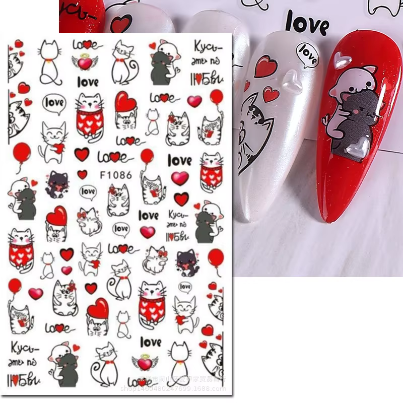 3d Nail Art décalcomanies saint valentin coeurs rouges ballons chats mignons amour lettres autocolla
